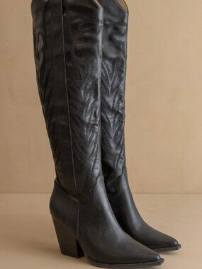 The Bronco Black Knee High Cowboy Western Boots Embroidered